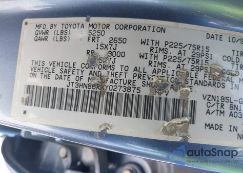 2000 Toyota 4Runner Sr5 V6 из США, поврежденный, VIN JT3HN86RXY0273875